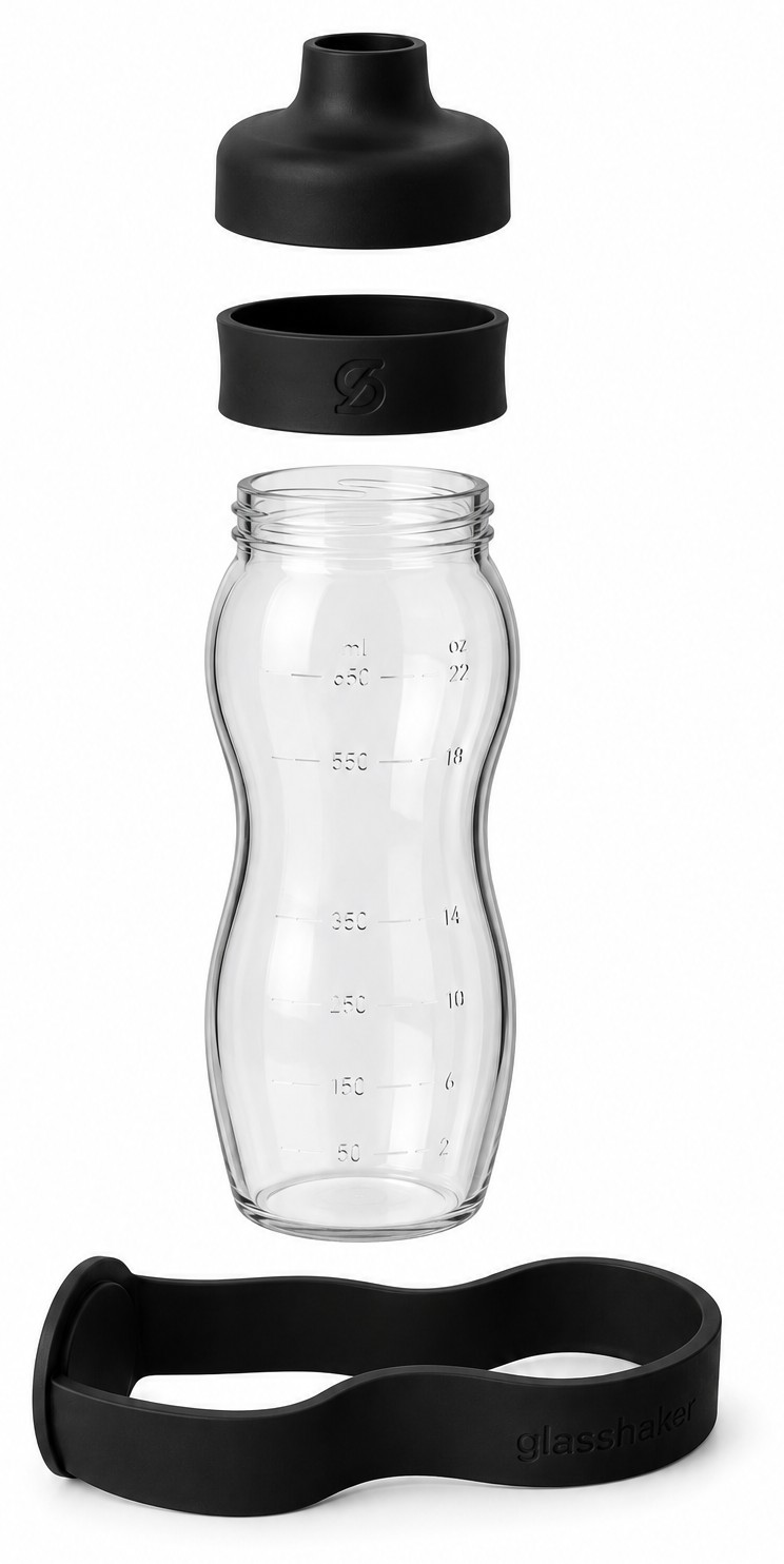 GlassShaker exploded view: drinking lid, stabilizing silicone ring, glass bottle, and silicone sleeve